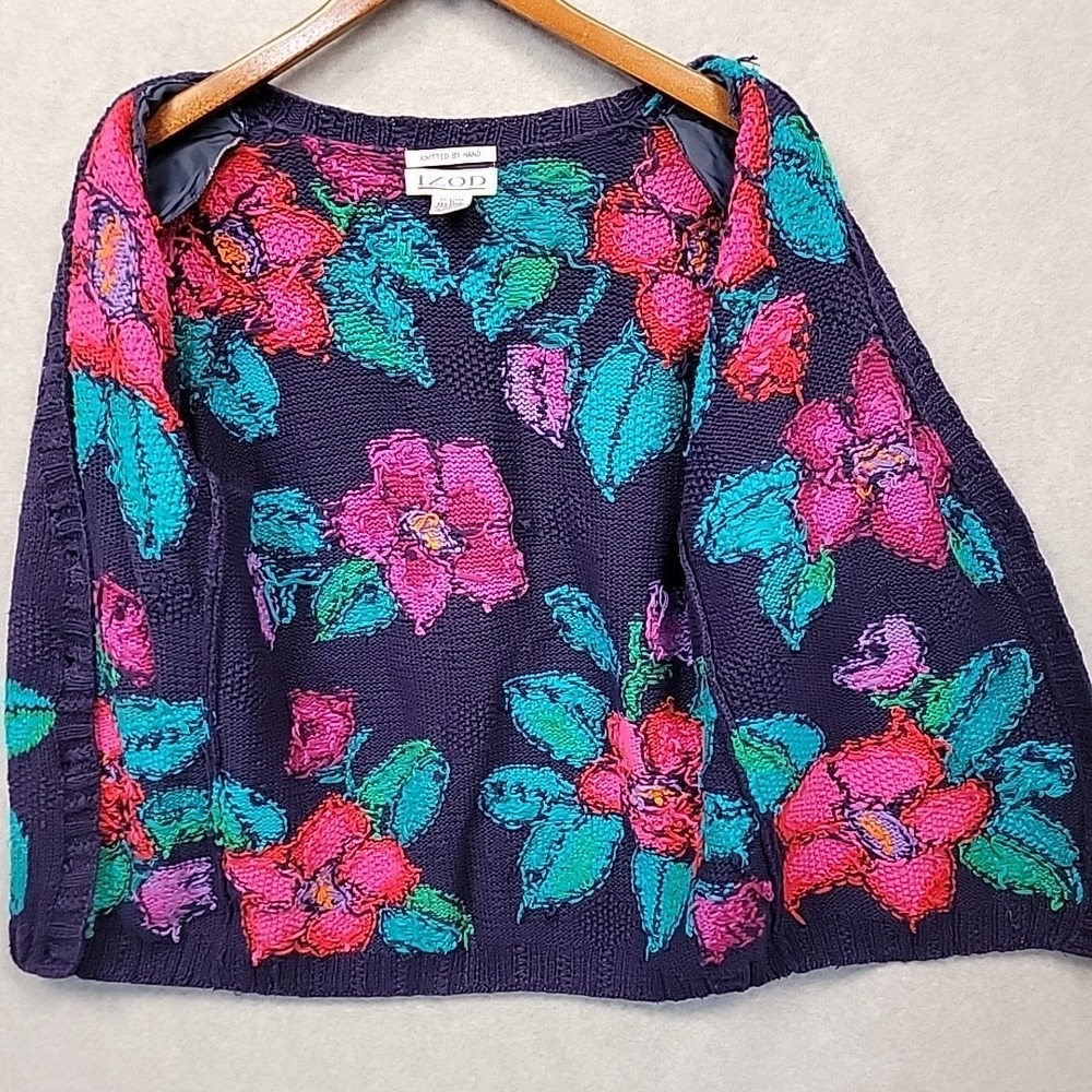 Vintage Izod Sweater Women M Floral Cardigan Hand Knit Cotton Blend Vibrant Rare - Picture 8 of 16